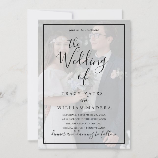 Foto-Hochzeit in Schwarz-Weiß-Kalligrafie  Einladung (Vorderseite)