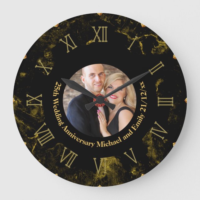FOTO Hochzeit Jubiläum Black Gold Marmor Uhr (Vorderseite)