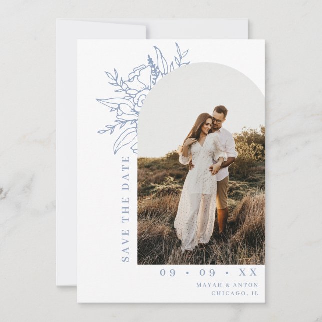 Foto Hochzeit mit blauen und weißen Botanischen Pf Save The Date (Vorderseite)