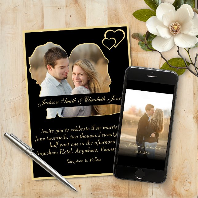 Foto-Hochzeit mit Gold Hearts und Groom Form Einladung (Von Creator hochgeladen)