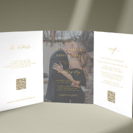 Foto Hochzeit mit Gold-Skript RSVP Details QR-Code Dreifach Gefaltete Einladung