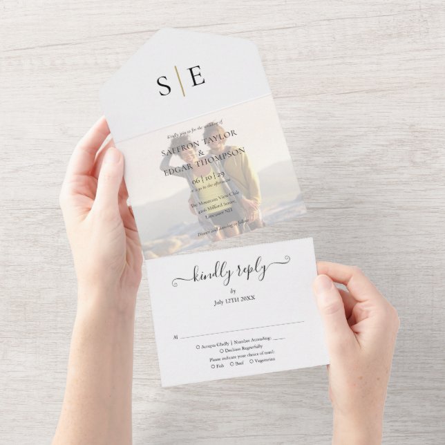 Foto Hochzeit mit Gold und Schwarz All In One Einladung (Abreißen)