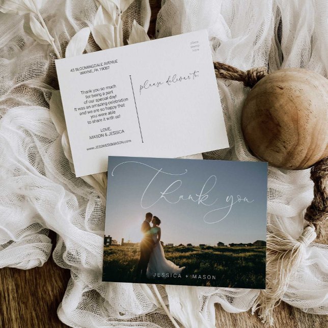 Foto Hochzeit mit Handschrift Danke Postcard Postkarte (Von Creator hochgeladen)