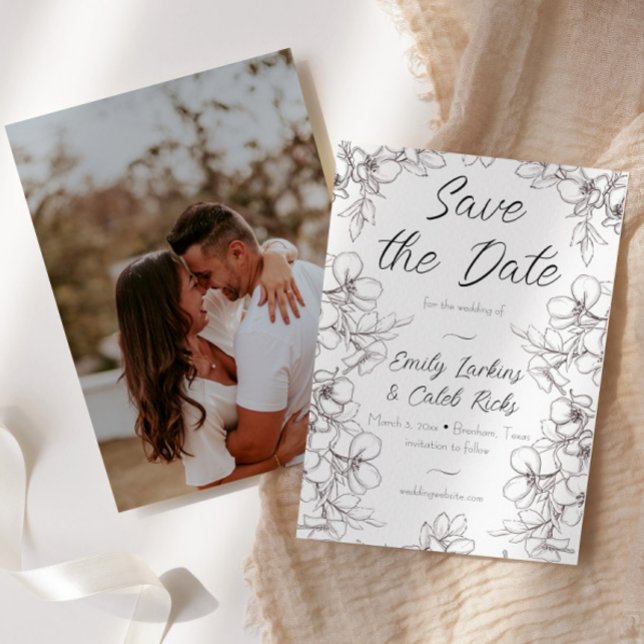 Foto Hochzeit mit schwarzem und weißem Blumenrahme Save The Date (romantic photo wedding save the date floral frame drawn line art design script cursive font)