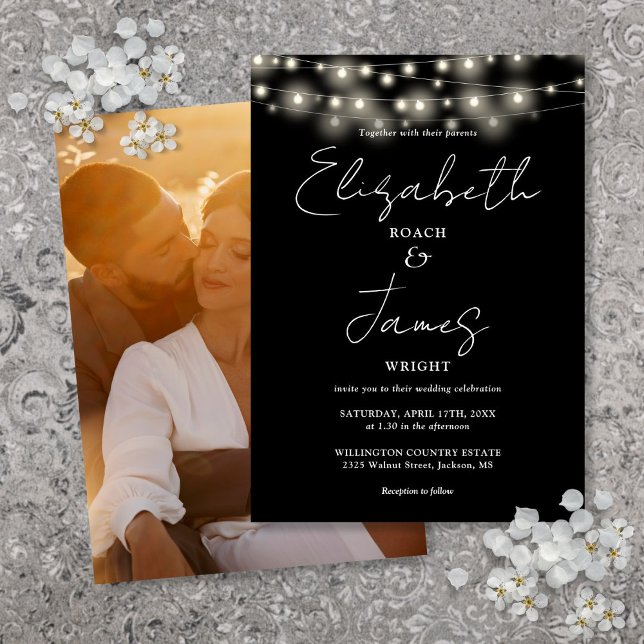 Foto-Hochzeit mit schwarzen und weißen String-Lich Einladung (Black And White String Lights Script Photo Wedding Invitation)