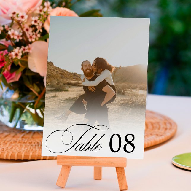Foto Hochzeit mit weißem Overlay-Chic Tischnummer (White overlay chic calligraphy photo wedding table number)