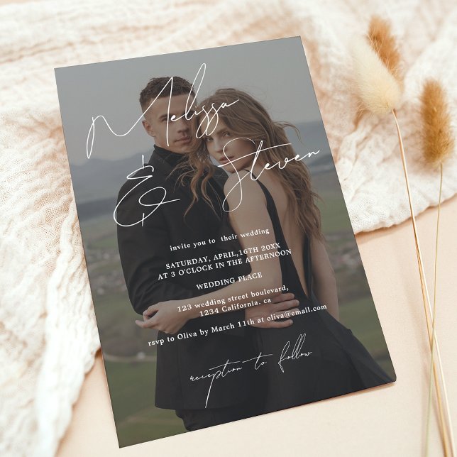 Foto Hochzeit mit weißen Namen Einladung (White names script calligraphy photo wedding invitation)
