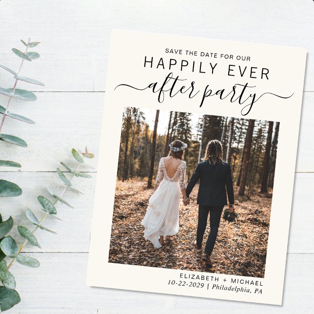 Foto Hochzeit Rezeption Creme Save the Date Ankündigungspostkarte (A stylish save the date announcement for a reception to celebrate your elopement or private wedding)