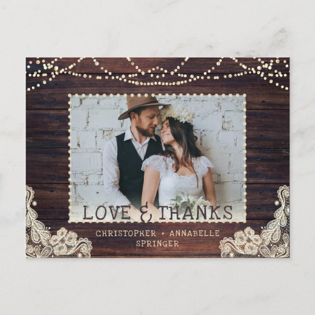 Foto Hochzeit rustikales Holz String Lights Vielen Postkarte (Vorderseite)