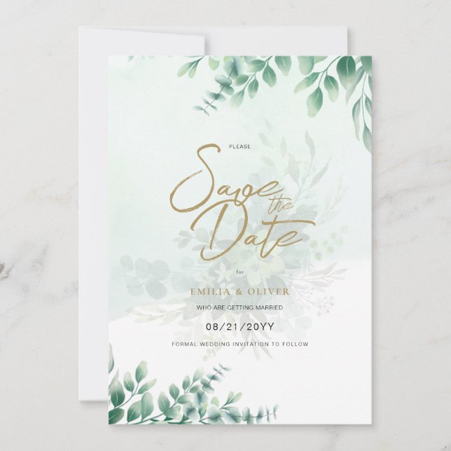 FOTO Hochzeit speichern das Datum Rustikal grün Einladung (Vorderseite)