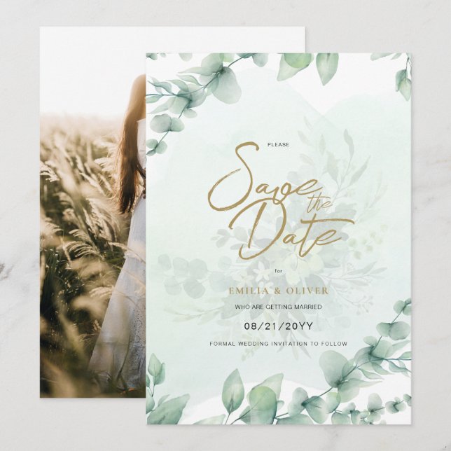 FOTO Hochzeit speichern das Datum Rustikal grün Einladung (Vorne/Hinten)