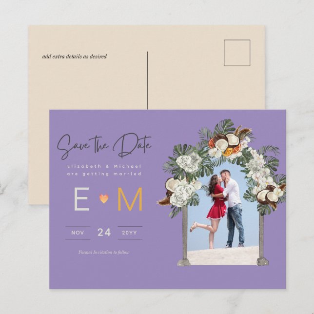 Foto Hochzeit Speichern Sie das Datum Lila Gold Fl Postkarte (Vorne/Hinten)
