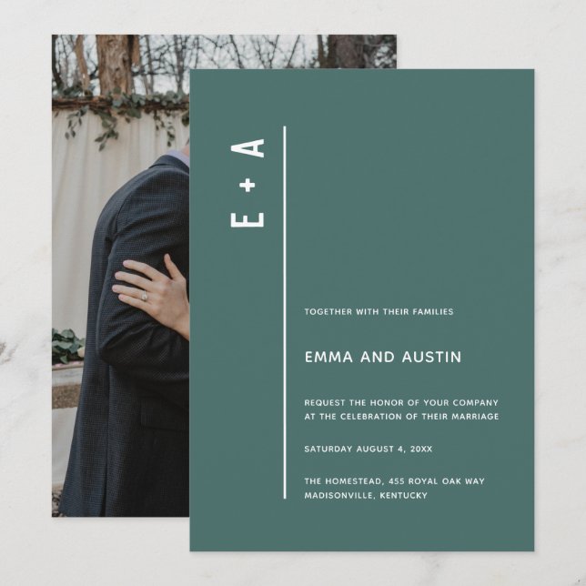 Foto Hochzeit von grünen Minimalistischen Initiale Einladung (Vorne/Hinten)