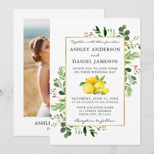 Foto Hochzeit von Watercolor Lemons Einladung (Vorne/Hinten)