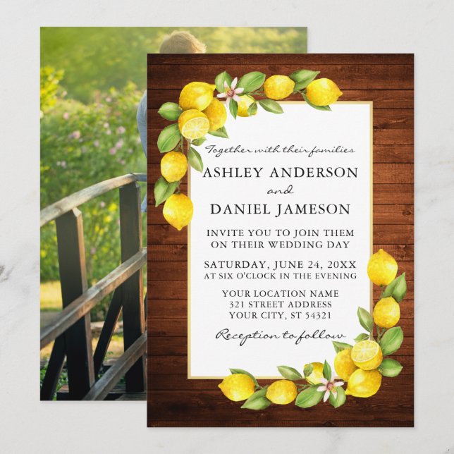 Foto Hochzeit von Watercolor Lemons Greenerity Einladung (Vorne/Hinten)