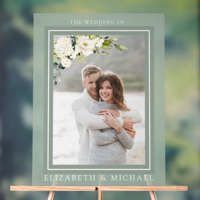 Foto Hochzeit von White Grey Green Floral Acrylschild (Neutral)