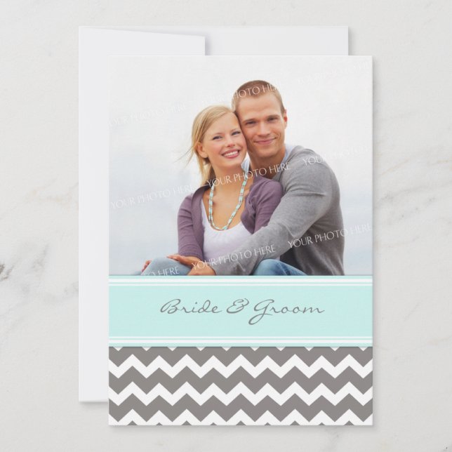 Foto Hochzeiten Einladungen Grau Blau Zickzack (Vorderseite)