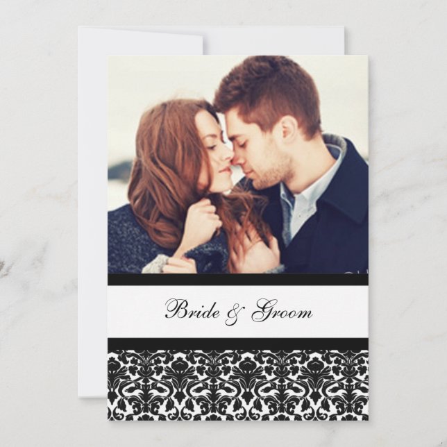 Foto-Hochzeits-Einladungs-schwarzer Damast Einladung (Vorderseite)