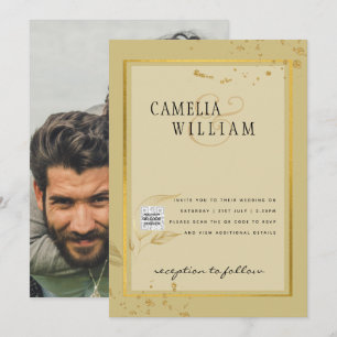 Foto Hochzeitseinladung QRCode RSVP Gold Gelb Einladung