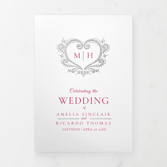 Foto-Hochzeitsprogramm für Herz-Monogramm Dreifach-gefaltete Programmkarte (Cover)