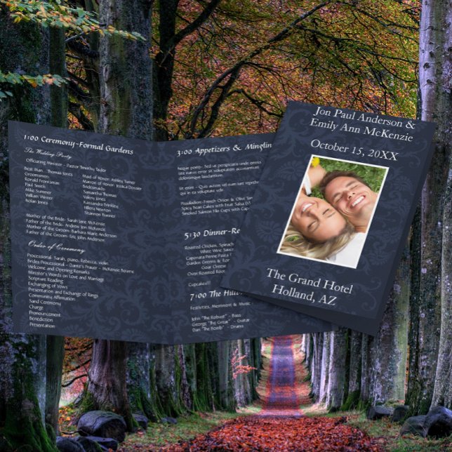 Foto-Hochzeitsprogramm Navy Blau & Weiß Damast (Von Creator hochgeladen)