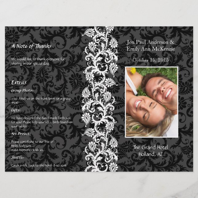 Foto-Hochzeitsprogramm Schwarz Grau & Rot Damast (Vorderseite)