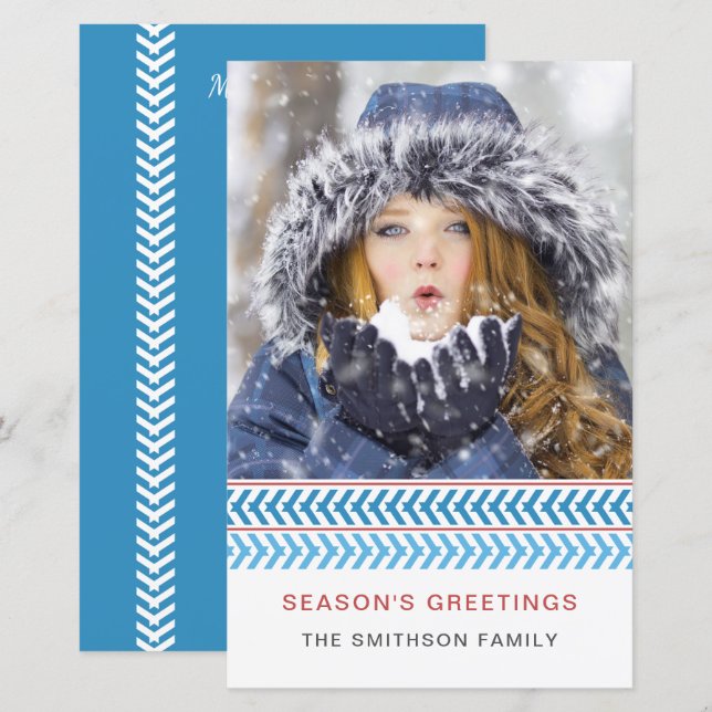 Foto Holiday Card mit Blue und White Stitches (Vorne/Hinten)