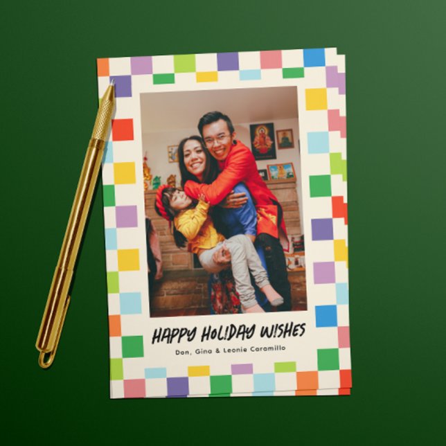 Foto Holiday Feiertagskarte (colorful checkerboard patterned happy holiday one photo card)