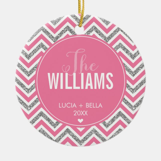 FOTO HOLIDAY ORNATION Zickzack Glitzer silber pink Keramikornament (Vorne)