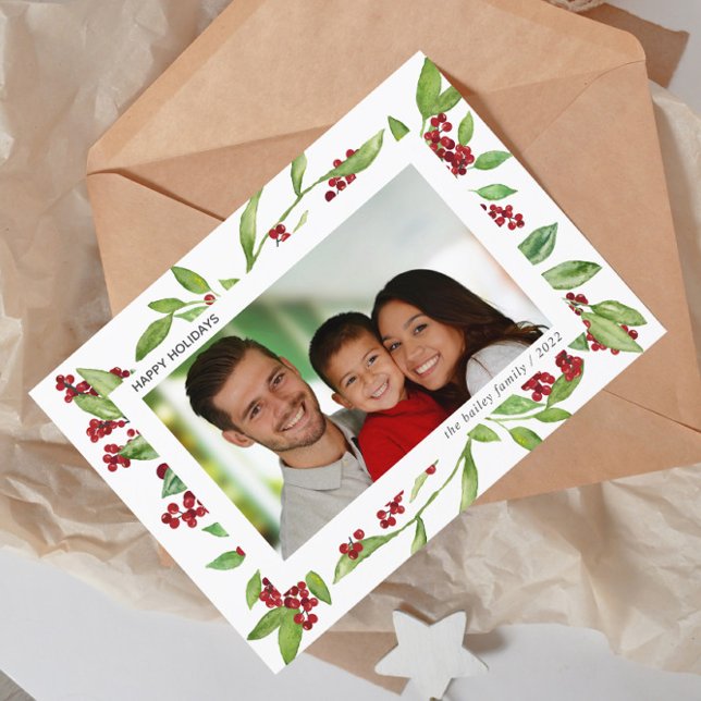 Foto Holly and Watercolor Greenerity Card Einladung (Von Creator hochgeladen)