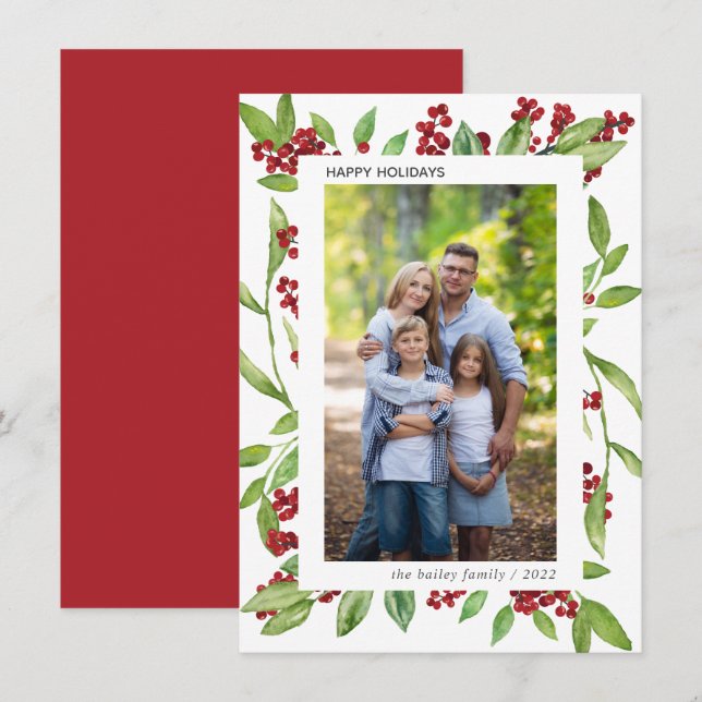 Foto Holly and Watercolor Greenerity Card Einladung (Vorne/Hinten)