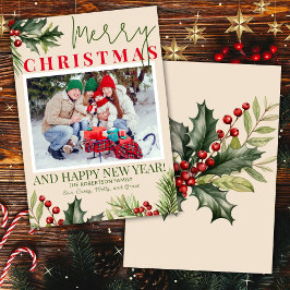 Foto Holly Pine Red Berries Beige Weihnachtskarte Einladung