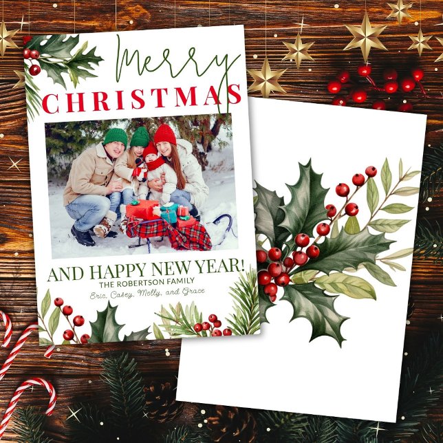 Foto Holly Pine Red Berries White Christmas Card Einladung (Von Creator hochgeladen)