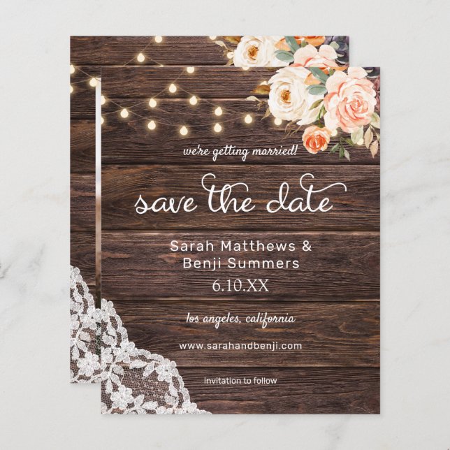 Foto Holz, Spitzen Rosa Save the Date (Vorne/Hinten)