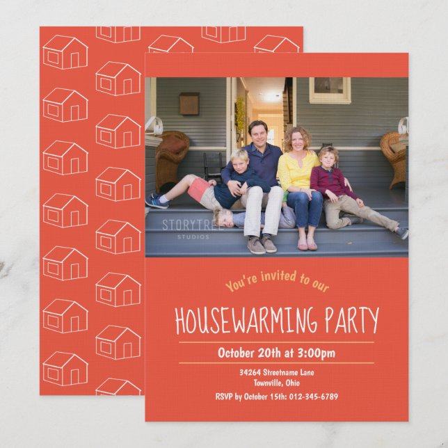 Foto Housewarming Orange Weißer Einladung (Vorne/Hinten)
