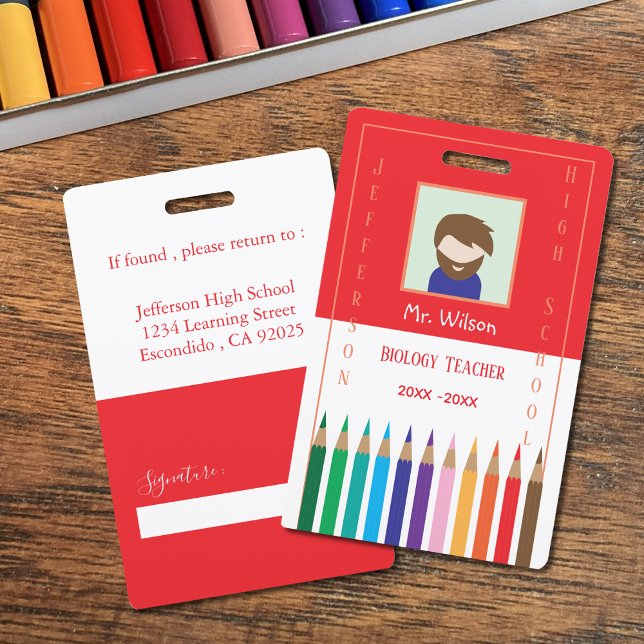 Foto-ID-Abzeichen für Red and White Custom Teacher Ausweis (Red and white teacher vertical photo ID badge .)