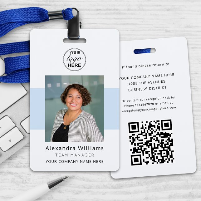 Foto-ID Firmenlogo QR-Code Sicherheit Ausweis (Personalized employee attendee photo id company event logo qr code security badge Modern black blue)
