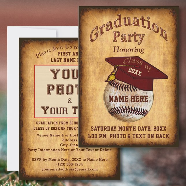 Foto, Ihre Text Baseball Abschluss Einladung (Baseball Graduation Invitations. Baseball themed graduation. Baseball theme graduation party. Old.)