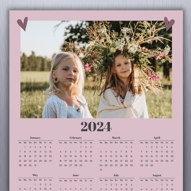 Foto-Kalender 2024 - Zeitschrift Magnet Rosa (Simply add your family photo to customize. A short greeting or family name can be added with year.)