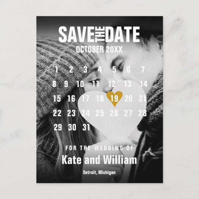 Foto Kalender Modernes Goldenes Herz Save the Date Postkarte (Vorderseite)