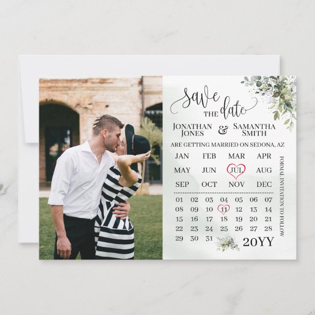 Foto-Kalender Save the Date Eukalyptusgrün Einladung (Vorderseite)