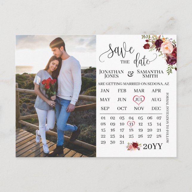 Foto-Kalender Save the Date Marsala Hochzeit Postkarte (Vorderseite)