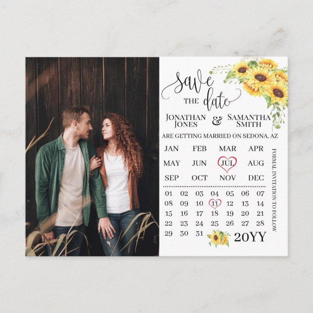 Foto-Kalender Save the Date Sonnenblumenhochzeit Postkarte (Vorderseite)