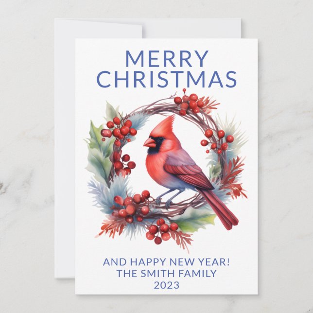 Foto Kardinal Wreath Blue Holiday Card Einladung (Vorderseite)