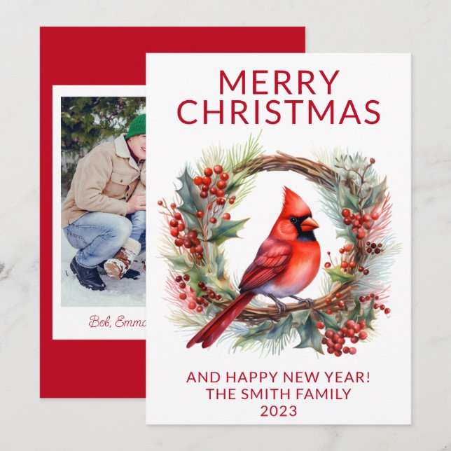 Foto Kardinal Wreath Red Holiday Card Einladung (Vorne/Hinten)