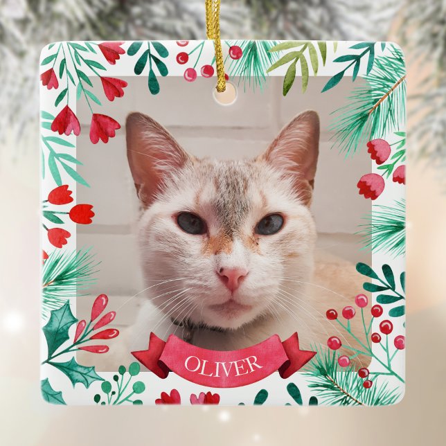 Foto Katze oder Hund Wasserfarbener Winter Botanic Keramikornament (Custom Pet Cat Photo Watercolor Winter Botanicals Ceramic Ornament)