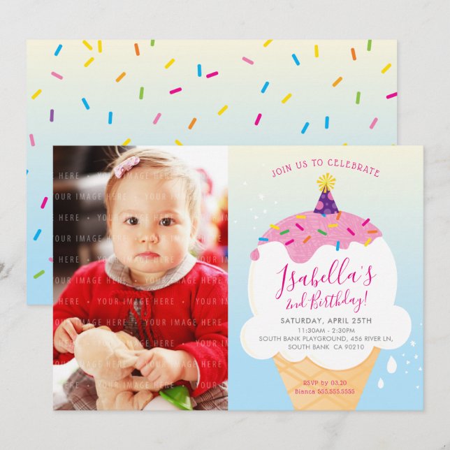 FOTO KIDS PARTY INVITE Retro-Eis-Kegel blau Einladung (Vorne/Hinten)
