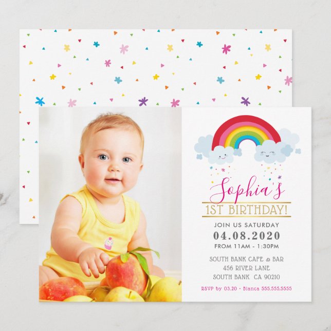 FOTO KINDERGEBURTSTAG PARTY bunt hellen Regenbogen Einladung (Vorne/Hinten)