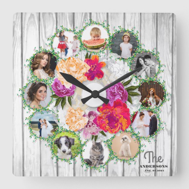 Foto-Kollektion rund um das Bouquet von Blume Quadratische Wanduhr (Vorderseite)