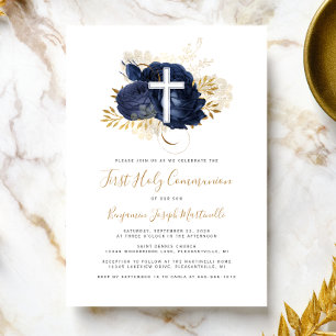 Foto Kreuz Navy Blau Gold Blumen Erstkommunion Einladung
